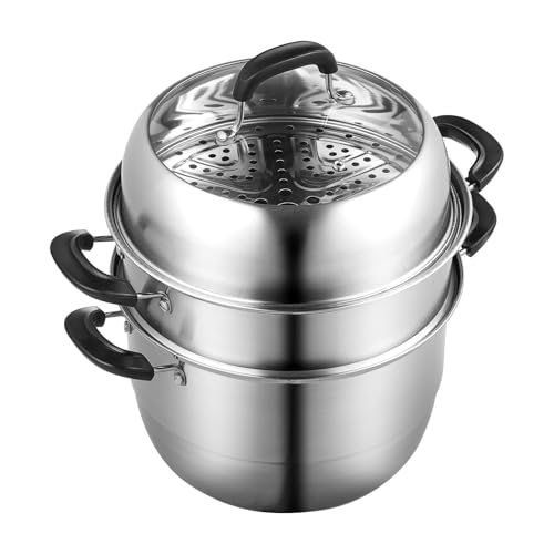 THEGA Olla De Vapor De 3 Niveles - Olla De Vapor, para Cocinar con Olla De 8,5Cuartos, Vaporizador De Verduras Y 2 Bandejas De Vapor,Utensilios De Cocina De Acero Inoxidable 304 De Grado Alimenticio