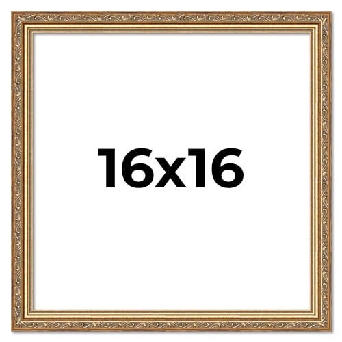 Poster Palooza 16x16 Frame Gold Vintage Antique Solid Wood Picture Frame | 1.25 Inch Moulding Width | Includes UV Acrylic Plexiglass, Foam Board Backing & Hanging Hardware