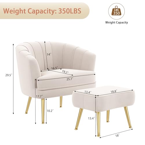 Image of Andeworld Velvet Accent Chair with Ottoman, Barrel Armchair, Beige | Velvet Upholstery Side Chair, Includes Ottoman, Golden Metal Legs, 350 Lb Capacity, Living Room Bedroom Office