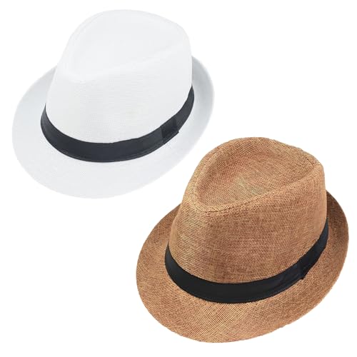 Classic Unisex Panama Fedora Hat, Short Brim, Summer Beach Style (US, Alpha, Large, X-Large, White+Khaki)