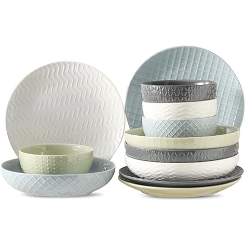 Hasense 12 Pieces Ceramic Dinnerware Sets for 4, Premium Serving Plates and Bowls Set for Soup, Salad and Pasta Stoneware Kitchen Dishes Set with Embossed Pattern, Dishwasher Microwave Safe, Colorful Cover