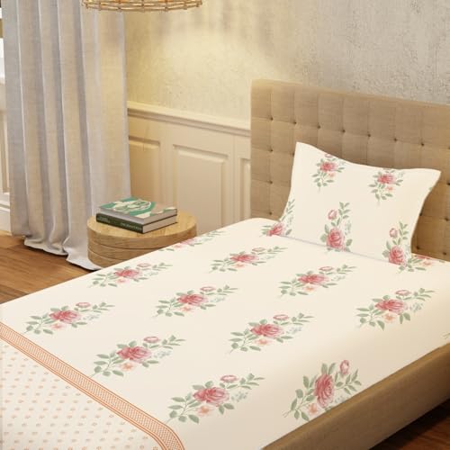 Image of Urban Space Serene 100% Cotton Bedsheet for Single Bed, 200 TC Floral Single Bedsheet with 1 Pillow Cover (58 X 90 Inches, Vintage Rose Buttercream)