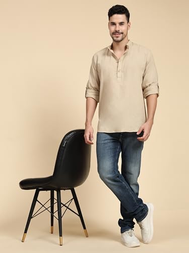 Image of SKAVIJ Men Solid Cotton Long Sleeve Casual Henley Kurta Shirt