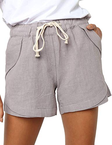 CILKOO Womens Summer Drawstring Linen Short Mid Rise Linen Shorts Elegant Elastic Waist Comfy Cotton Linen Shorts Pockets Grey US12-14 Large