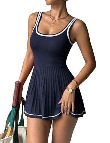 Lookboho Women'S Tennis Dress Knitted Golf Workout Exercise Activewear Navy Blue L