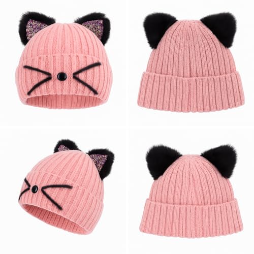 Girls Sequin Cat Ears Hats Cute Winter Beanies Hat for Outdoor Snow Ski Warm Knit Caps (Age 7-15)2