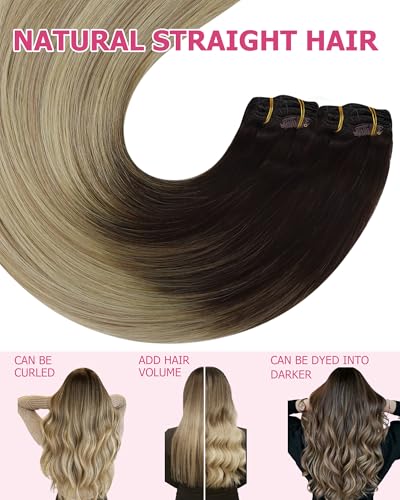 Image of YoungSee Ombre Clip in Hair Extensions 18 Inch Invisible Clip on Hair Extensions Human Hair Medium Brown Ombre Golden Blonde Mix Platinum Blonde Balayage Clip in Extensions Real Human Hair 120G 7Pcs