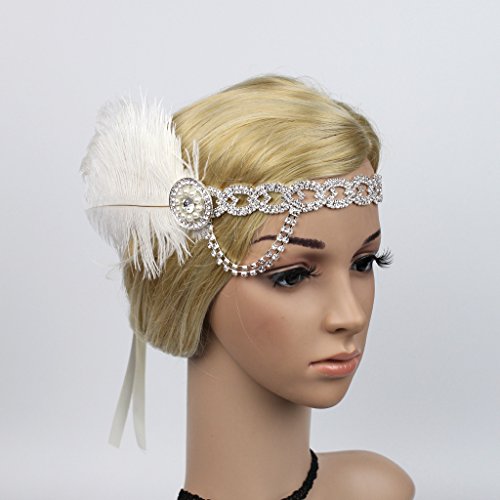 Meiliy Women's Roaring 1920s Headband Bling Crystal Gatsby Headpiece Flapper Headband with Feather, White