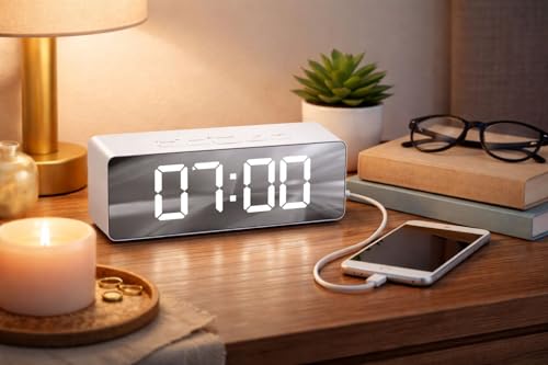 Image of LED Mirror Display Clock with Alarm, Snooze, and Adjustable Light, USB Powered, White