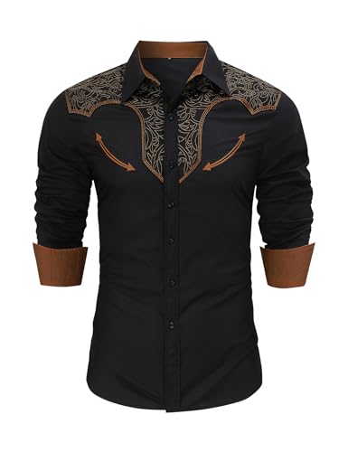 TURETRENDY Men's Western Embroidered Long Sleeve Cowboy Button Down Shirt