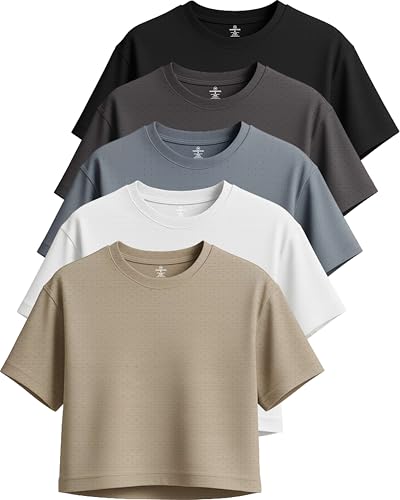 Real Essentials 5 Pack: Women's Dry-Fit Breeze Tech Crop Tops – Short Sleeve Athletic Workout, Yoga Tees (Available in Plus)