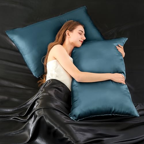 Image of INFIIXSO Silk Pillow Cases 2 Pack Standard Size, Ultra Smooth & Soft Mulberry Silk Pillow Case for Hair and Skin, Breathable Cooling Silk Pillowcase with Hidden Zipper (Bluesteel, 20x26 Inches)