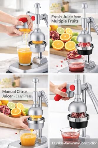 Image of Manual Citrus Juicer Heavy Duty Aluminum Hand Press - Professional Fruit Juicer for Orange, Lemon, Lime & Pomegranate - Easy Press, Durable, Kitchen Countertop Juice Extractor (Silver Grey)