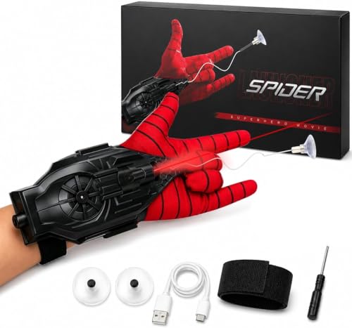 Hero Spider Web Shooters Toys for Kids Wrist Spider Silk Launcher Set with Mask Gloves Infrared & USB Type C Charging Adjustable Strap Indoor Outdoor Role-Play Game Grabing Small Objects