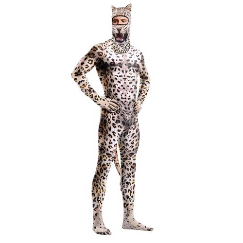 Image of Men's Animal Bodysuit Costume with Big Tail Print Petsuit Spandex Furry Jumpsuit Cosplay Halloween Party
