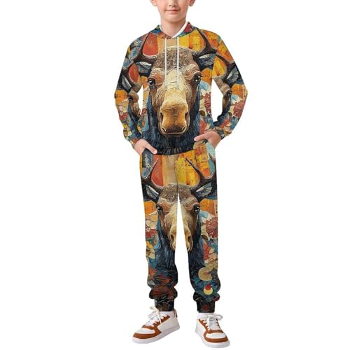 Boys Girls Clothes Hoodies Sweatshirt Pants Set 2 Pieces Fall Winter Outfits, Moose Patterns Art