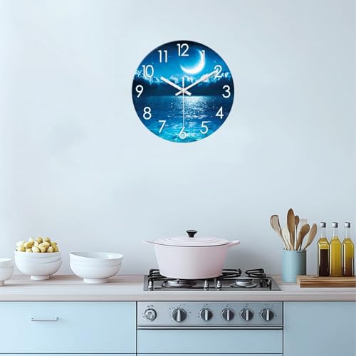 Image of XFM Large Blue Moon Wall Clock Silent Non-Ticking 20 Inch | Battery Operated Round Analog Modern Nature Night Ocean View Decorative Clock for Living Room Kitchen Bedroom Office