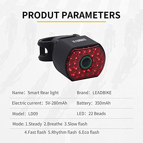 Leadbike Ld09 Smart Bike Tail Light With Brake Sensing, Auto On/Off Bicycle Lights Rear With 6 Light Modes, Ultra Bright Bicycle Back Light Waterproof, Rechargeable Bike Light For Night Riding #TOP6