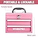 WORKPRO Portable Mini Tool Box, 2 Drawers Metal Tool Chest with Ball Bearing Slides, Top Storage with Latch, Ergonomic Carrying Handle, Toolbox with PVC Liners and PP Feet Pads - Pink Ribbon