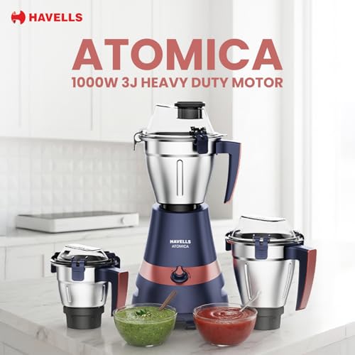 Image of Havells Atomica 1000W 3 Jar Mixer Grinder | 3 Speed | Air Vent Tech | Stainless steel blade | Dark Blue and Brown color