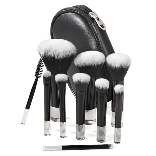 Kit 10 Pincéis de Maquiagem com Estojo Cerdas Sintéticas Macias, Portátil e Completo para Base, Pó, Blush, Corretivo e Sombras – Travel Size Ideal para Presente, Uso Diário e Adolescentes, Necessaire de viagem (Preto)