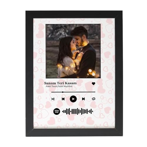 Image of Big Spotify Photo Wood Wall Mount Frame - Personalized Picture Music Frame for - Heart Background Spotify Song QR Code With Your Photo, Peach & White, 10x15 Inch