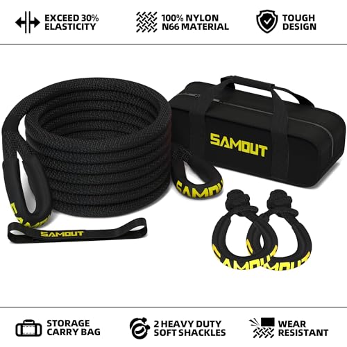 SAMOUT Kinetic Recovery Rope 1in x 20ft Tow Rope 48,000lbs MBS with 2 x 1/2 in x 22 in (48,300lbs MBS) Synthetic Soft Shackles, for Jeep, SUV, UTV, ATV, Truck, Car,Tractor (1in x 30ft, Black)