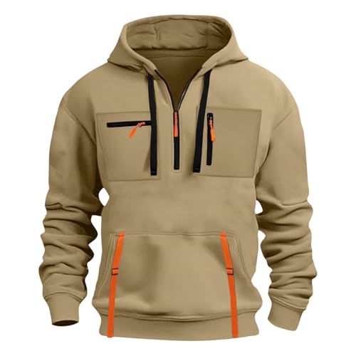 Mens Cargo Hoodie Fleece Quarter Zip Military Tactical Hooded Sweatshirts Warm Slim Fit Sweatshirt with Multi-Pockets2