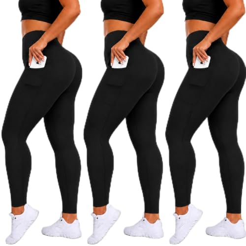 HLTPRO 3 Pack Plus Size Leggings with Pockets for Women - Black High Waisted Tummy Control Soft Yoga Pants for Gym Workout