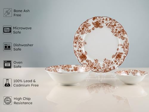 Image of Bodhi House Porcelain Dinner Set 14 Pieces - Brown Leaf White Dinnerware Set | 6 Dinner Plates, 6 Katori Bowls, 2 Serving Bowls | Premium Crockery Set for Dining, Kitchen & Gifting