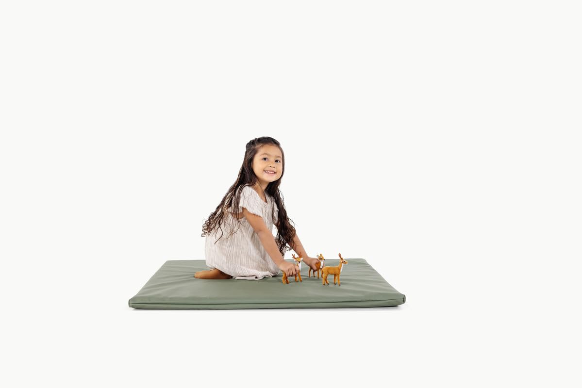 Baby Play Mats for Floor, Padded Square Crawl Mat, Made of Premium Water-Resistant Vegan Leather, Anti-Slip, Foldable, Wipeable Changing Pad - Thyme