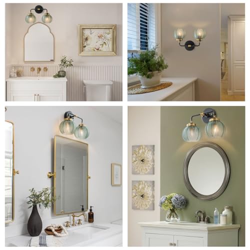 Image of Mid Century Wall Sconce Set of 2 Vintage Black Bathroom Vanity Light Globe Wall Sconces Green Glass Wall Light Art Deco Vintage Bathroom Lights Over Mirror for Bedroom Hallway Living Room