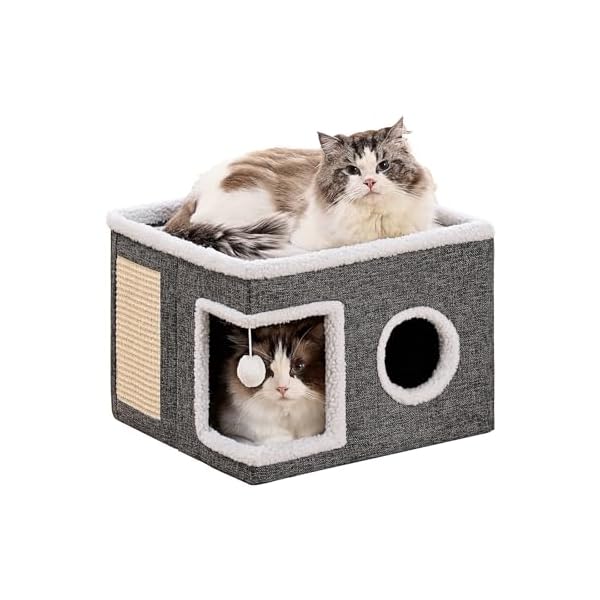 Cat Beds for Indoor Cats, Large Cat Cave with Fluffy Ball and Scratch Pad, Foldable Cat Scratch House with Hideaway Condo for Kitten,16x16x13inch,Grey