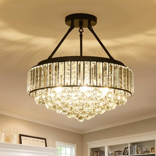 Plafonnier en cristal à 6 lumières et métal noir YangRy pour salon