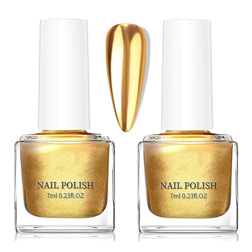 Vernis à Ongles Métallisé, Vernis à Ongles Semi-Permanent Doré à Finition Miroir, Amovible, Sans UV, Imperméable, Pailleté, Coffret Cadeau Manucure, Doré, Coffret 2 PCS