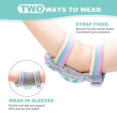 SULIFEEL Rainbow Unicorn Knee Pads for Kids Knee Elbow Pads Wrist Guards with Drawstring Bag Adjustable Protective Gear Set for Girls Roller Skating Bike Cycling Skateboard Scooter Shiny Medium