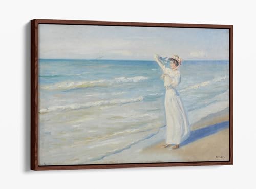 Toile femme sur la plage œuvre d'art évasion poétique cadre noyer