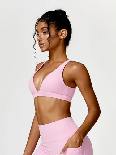 Image of ABOCIW Womens Deep V Neck Sports Bra Padded Low Impact Fitness Yoga Bra U Back Wireless Gym Workout Bra Crop Top