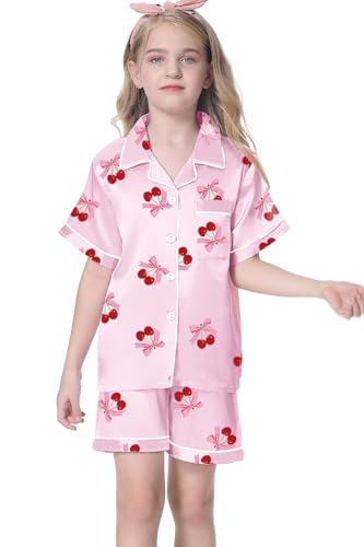 Image of Umeyda Women & Girls Pajamas Set, Soft Satin Lightweight Silk Button-Down Top with Shorts 2 Piece PJS for Mom Boys Kids Gifts