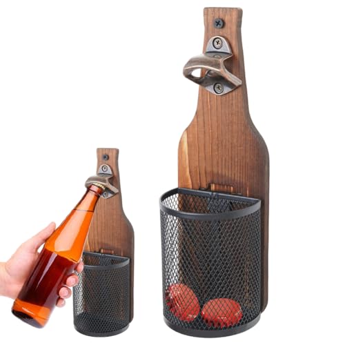 Abridor de cerveza de pared con tapón de corona, abrebotellas de pared con recipiente colector, abridor de botellas de madera vintage, montaje en pared, para bar, cocina, terraza, cerveza, regalos
