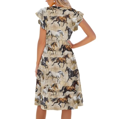 Image of Women's Casual Ruffle Sleeve Dress V Neck Pullover Dress Flowy A-Line Pleated Lightweight Dress with Pockets