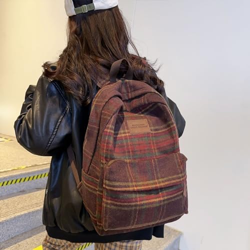 Teclado Backpack Plush Plaid Pattern 17.7 Inch Bookbags Lightweight Laptop Bag Travel Daypacks (Red)3