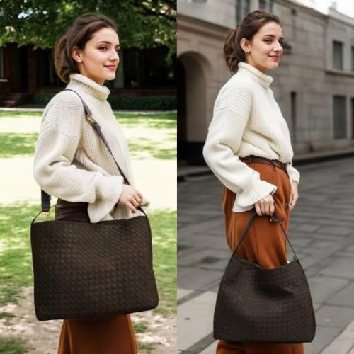 Image of Woven Suede Tote Bag for Women Faux Suede Hobo Bag Slouchy Shoulder Bag Soft Woven Handbag