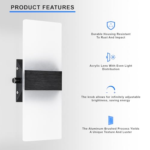 Image of Lightess Hardwired Wall Sconce with Switch, Black, 12W, Cool White, 1 Pack | Indoor Wall Light, Dimmable, Modern Acrylic Wall Mounted, For Hallway Stairway Bedroom