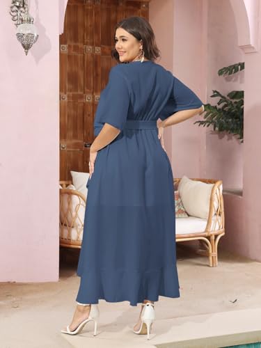 Image of SCOMCHIC Women Plus Size Maxi Dress Short Sleeve Wrap V Neck High Low Split Ruffle Long Dress