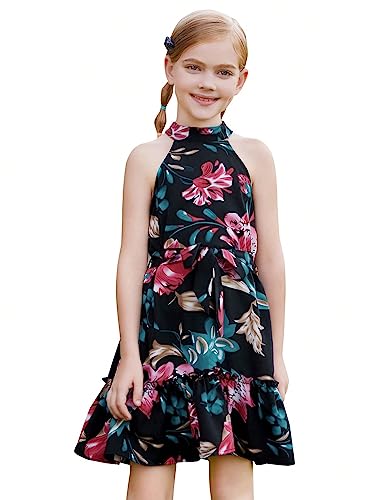 Wdirara Girl's Tropical Print Ruffle Hem Belted Halter Sleeveless A Line Dress Tropical Black 11-12Y #TOP2