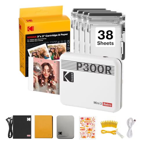 Image of KODAK Mini 3 Retro 3x3 Portable Photo Printer, 38 Sheets Gift Bundle, White