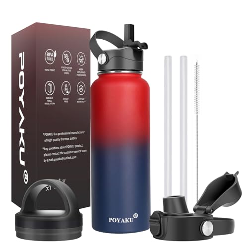 Water Bottle Insulated 32oz 40oz 64oz 128oz Straw Lid Spout Lid & 3 Lids, Leak Proof, Vacuum Insulated,Stainless Steel Water Bottle Wide Mouth for Sports, Gym or Office (Dark Rainbow, 40 oz)