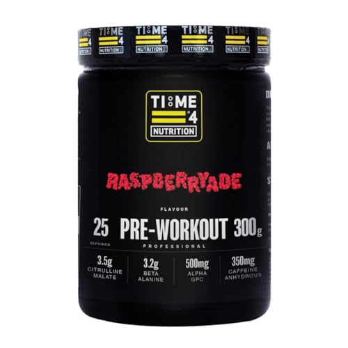 Time 4 Pre Workout Professional High Strength Vegan Pre Workout Powder for Men & Women Energy Drink Zero Sugar with L Citrulline Malate, Beta Alanine, L-Tyrosine, Alpha GPC, Theacrine (Raspberryade)