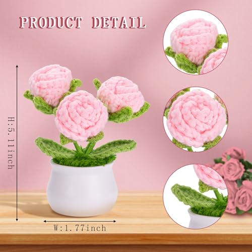 MAIBAOTA Pink Roses Crochet Flowers Knitted Handmade Flower Potted Plants Bouquet Artificial Faux Flowers Home Office Desk Decor Decorations Valentine's Day Gifts for Women - Image 4